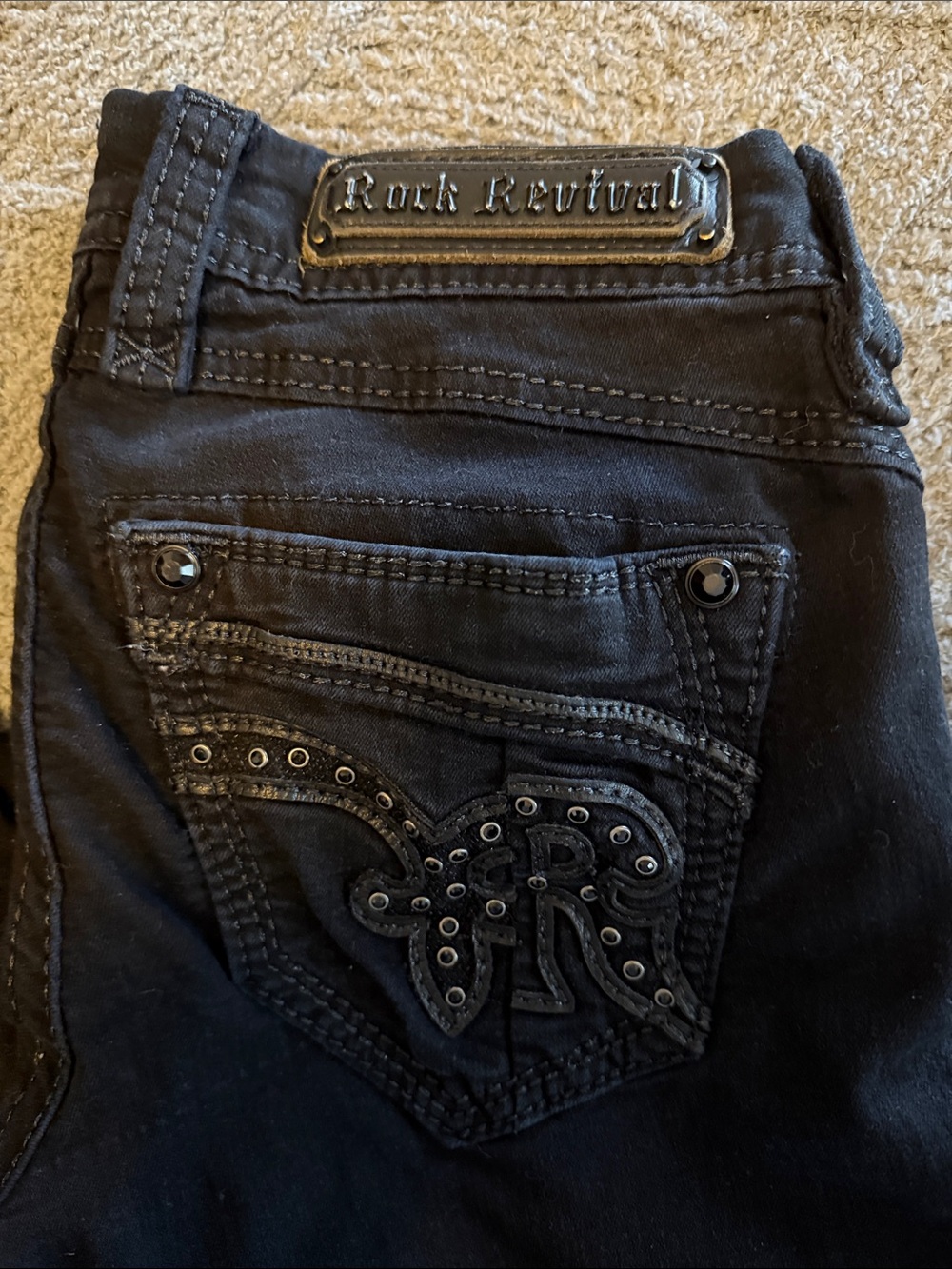 Rock Revival Black Embellished Pocket Jeans with Stud Accents